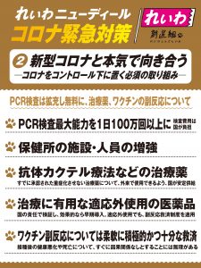 れいわニューディール コロナ緊急対策 2新型コロナと本気で向き合う PCR検査は拡充し無料に、治療薬、ワクチンの副反応について